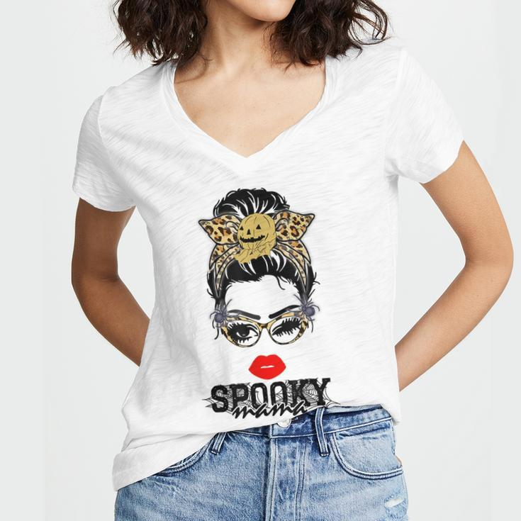 Halloween Leopard Print Messy Bun Spooky Mama Women V-Neck T-Shirt