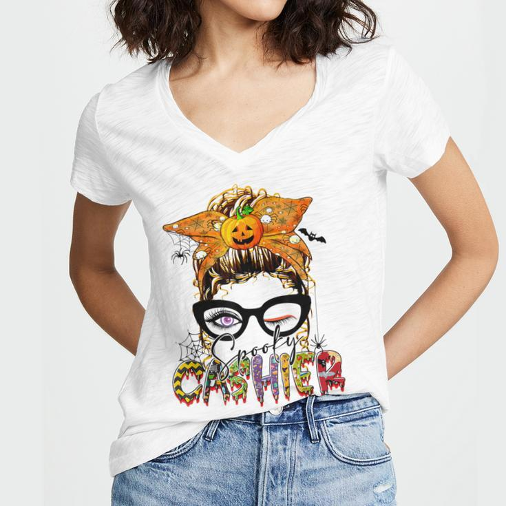 Halloween Spooky Cashier Messy Bun Glasses Spooky Women V-Neck T-Shirt
