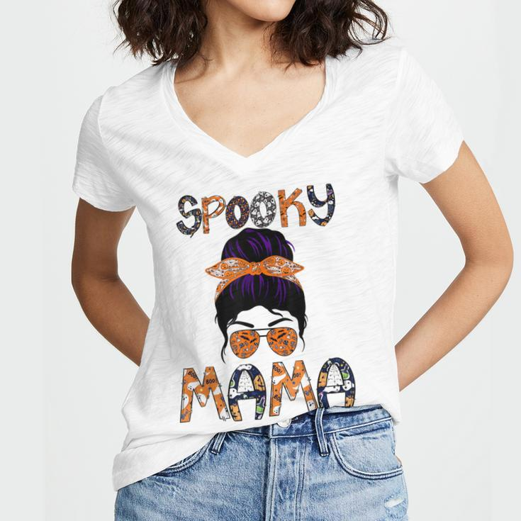 Messy Hair Bun Women Spooky Mama Halloween Funny Costume Women V-Neck T-Shirt