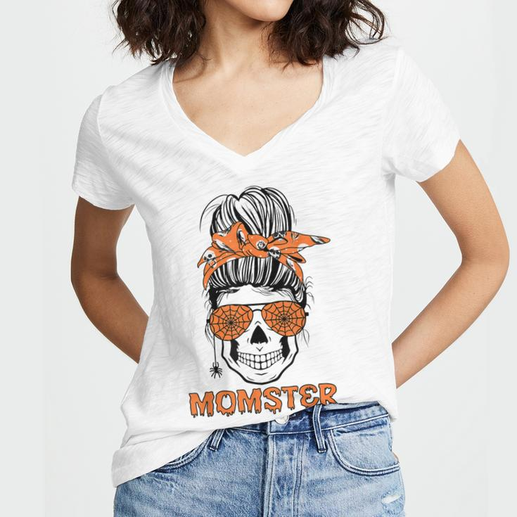 Momster Halloween Costume Skull Mom Messy Hair Bun Women V-Neck T-Shirt