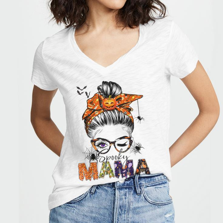 One Spooky Mama For Halloween Messy Bun Mom Monster Bleached V2 Women V-Neck T-Shirt