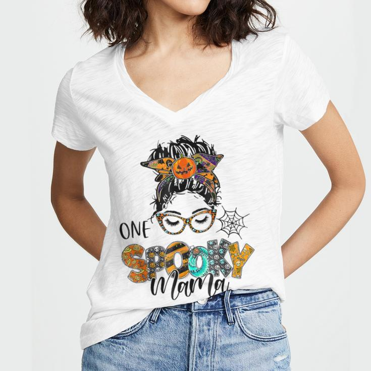 One Spooky Mama For Halloween Messy Bun Mom Monster Bleached Women V-Neck T-Shirt