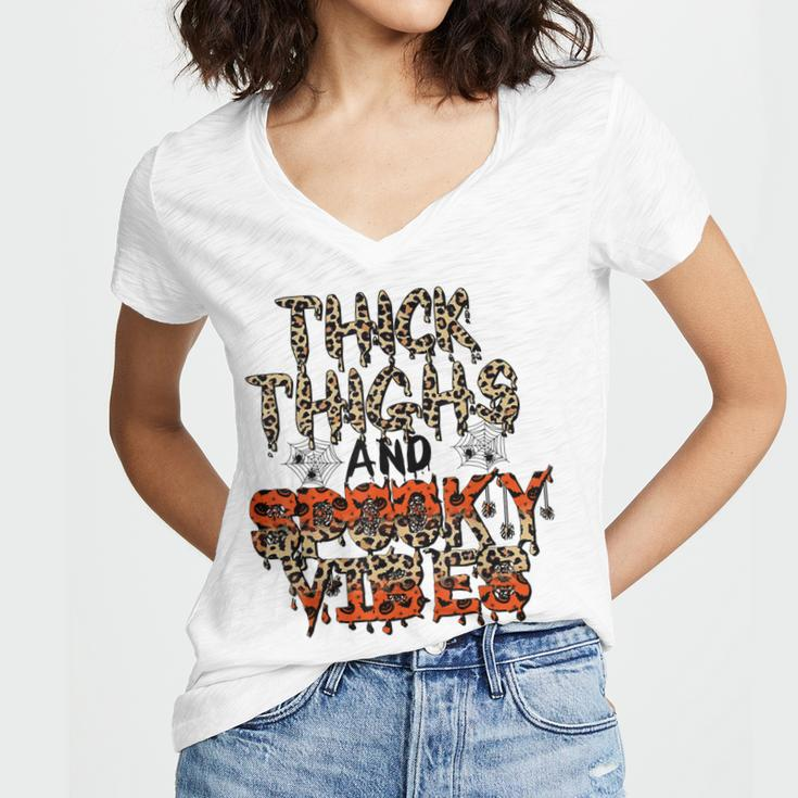 Retro Leopard Thick Thighs And Spooky Vibes Funny Halloween Women V-Neck T-Shirt