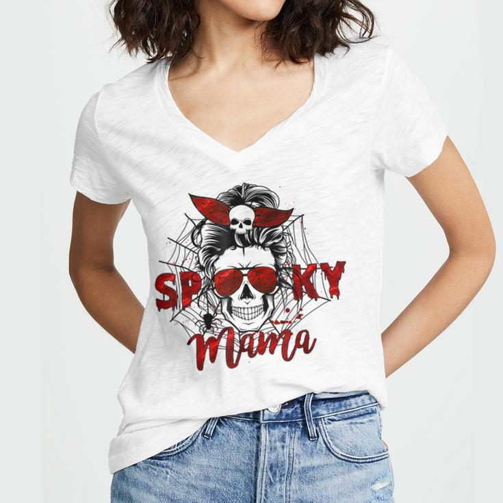 Spooky Mama Skull Witch Women Messy Bun Halloween Costume Women V-Neck T-Shirt