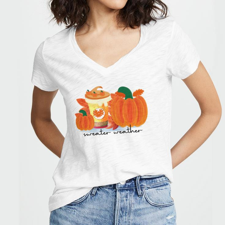 Sweater Weather Pumpkin Pie Fall Season Women V-Neck T-Shirt