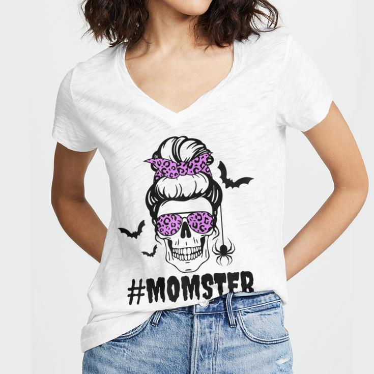 Womens Momster Funny Halloween Costume Skull Mom Messy Bun Women V-Neck T-Shirt