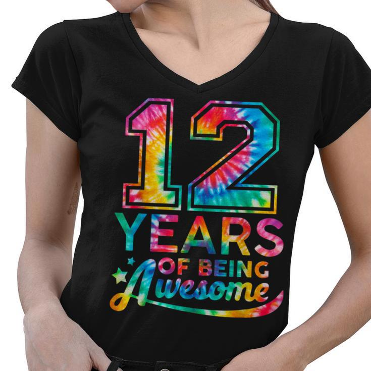 12 Year Of Being Awesome 12 Years Old 12Th Birthday Tie Dye  Women V-Neck T-Shirt
