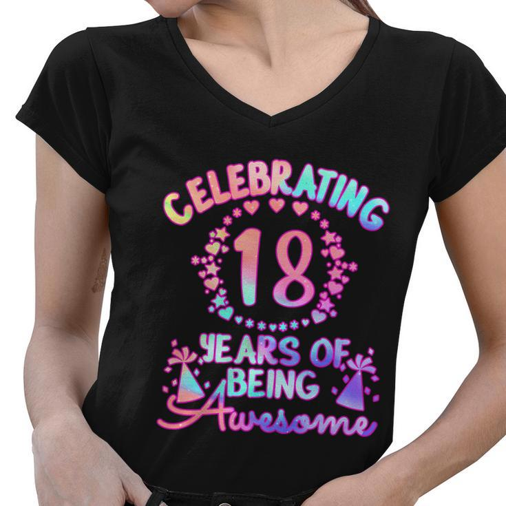 18 Years Of Being Awesome 18 Year Old Birthday Girl Graphic Design Printed Casual Daily Basic Women V-Neck T-Shirt