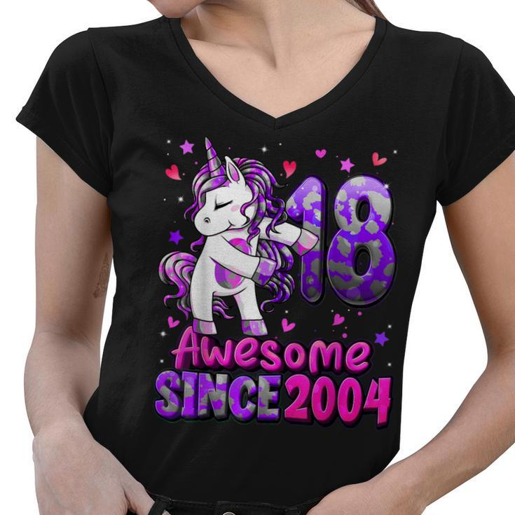 18 Years Old Unicorn Flossing 18Th Birthday Girl Unicorn  Women V-Neck T-Shirt