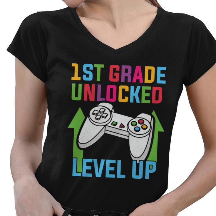 1St Grade Unlocked Level Up Back To School First Day Of School Women V-Neck T-Shirt