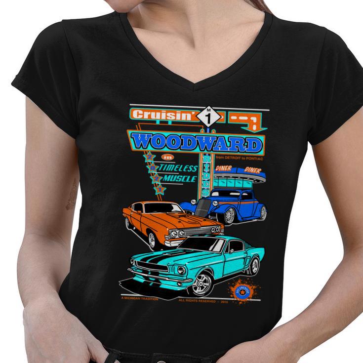 2021 Cruisin Woodward In Timeless Muscle Women V-Neck T-Shirt