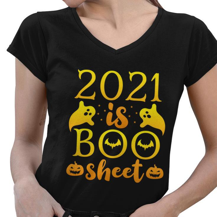 2021 Is Boo Sheet Halloween Quote Women V-Neck T-Shirt