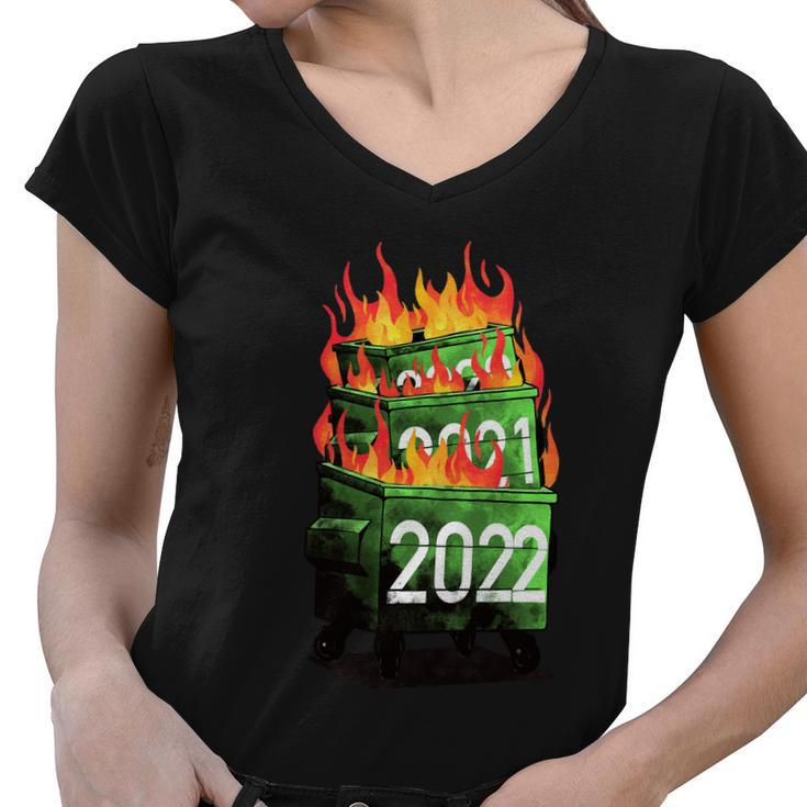 2022 Double Dumpster Fire 2022 Big Trash Can Burned Meme Women V-Neck T-Shirt