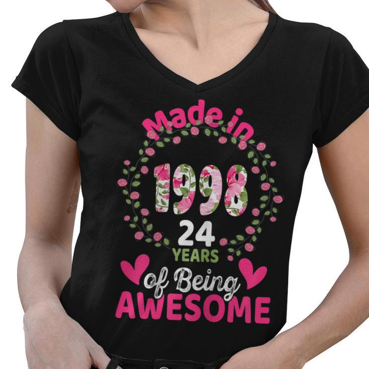 24 Years Old 24Th Birthday Born In 1998 Women Girls Floral  Women V-Neck T-Shirt