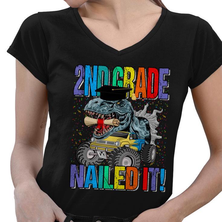 2Nd Grade Nailed It Monster Truck Dinosaur Funny Gift Women V-Neck T-Shirt