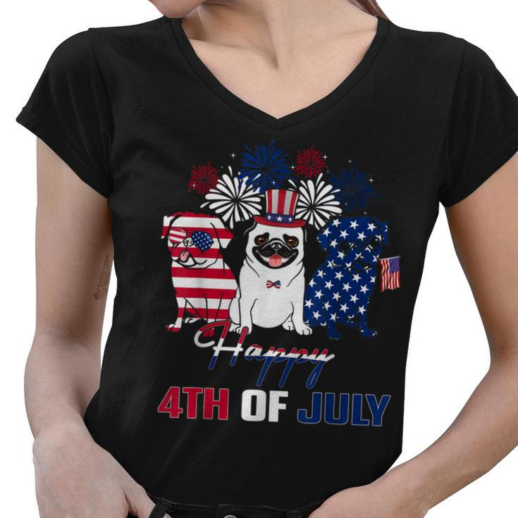 4Th July American Flag Three Red White Pug Blue Firework  Women V-Neck T-Shirt