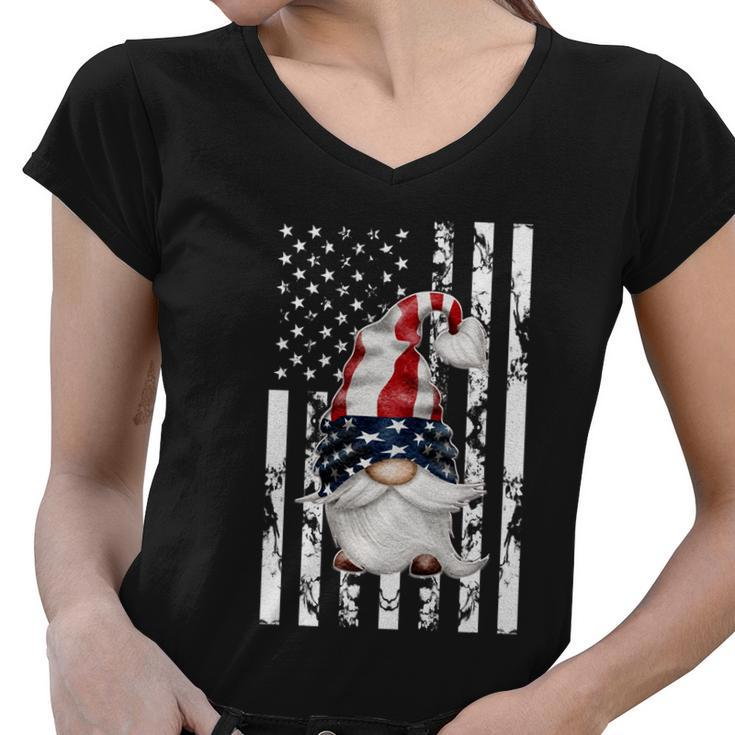 4Th Of July Funny Patriotic Gnome Vintage American Flag Gift Women V-Neck T-Shirt