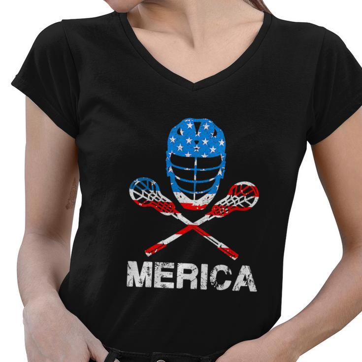 4Th Of July Merica Lacrosse American Flag Women V-Neck T-Shirt