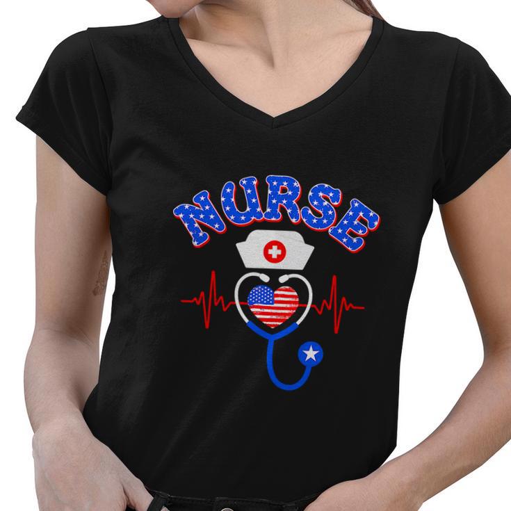 4Th Of July Nursing Stethoscope Women V-Neck T-Shirt