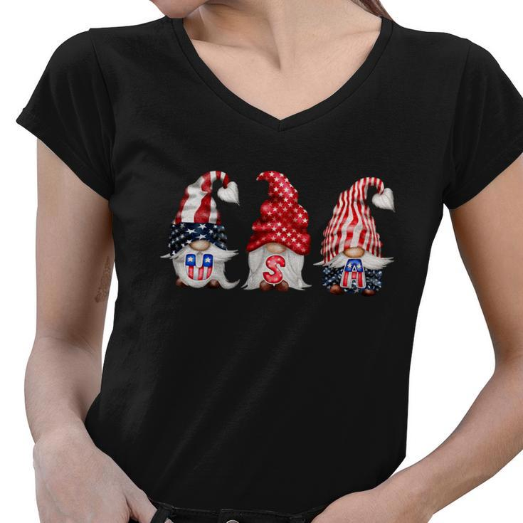 4Th Of July Patriotic Gnomes Usa Us Funny American Usa Flag Funny Gift Women V-Neck T-Shirt