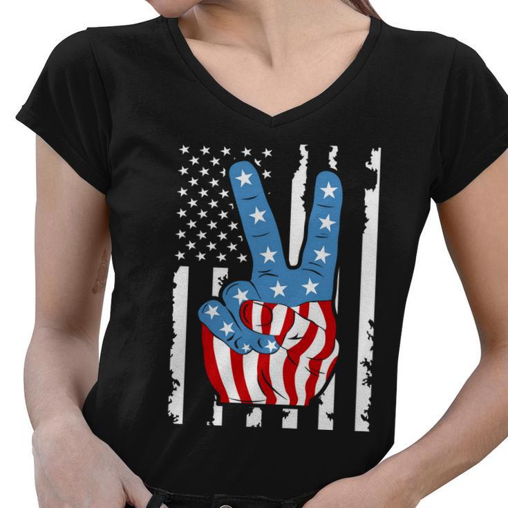 4Th Of July Peace Hand American Flag Women V-Neck T-Shirt
