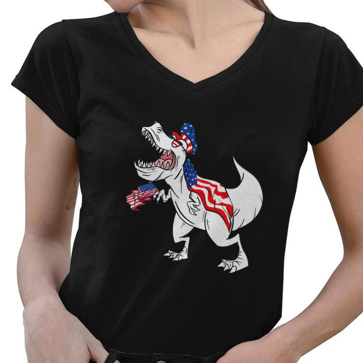 4Th Of July T Rex Dinosaur Amerisaurus Funny Women V-Neck T-Shirt