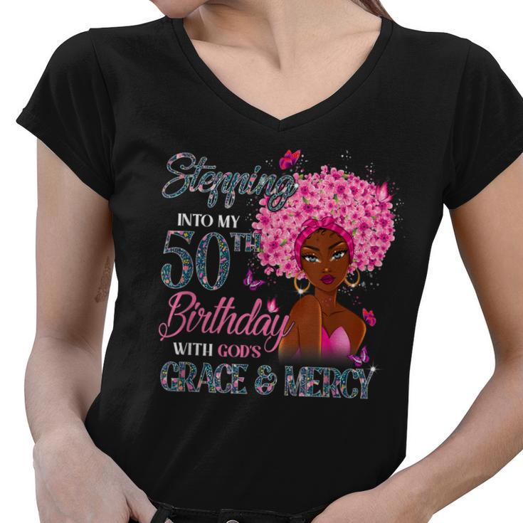 50Th Birthday Squad Stepping Into 50 Years Old Black Womens  Women V-Neck T-Shirt
