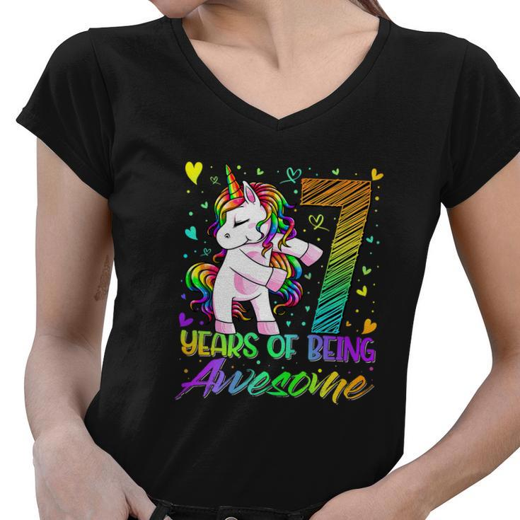 7Th Birthday 7 Year Old Girl Flossing Funny Unicorn Party Women V-Neck T-Shirt