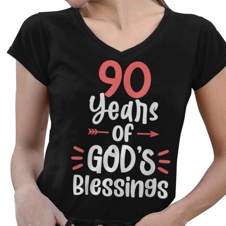 90 Years Of Gods Blessings 90 Year Old Happy 90Th Birthday  Women V-Neck T-Shirt