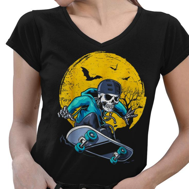 A Skeleton Skateboard Playing Cruiser Skateboard Pumpkins  Women V-Neck T-Shirt