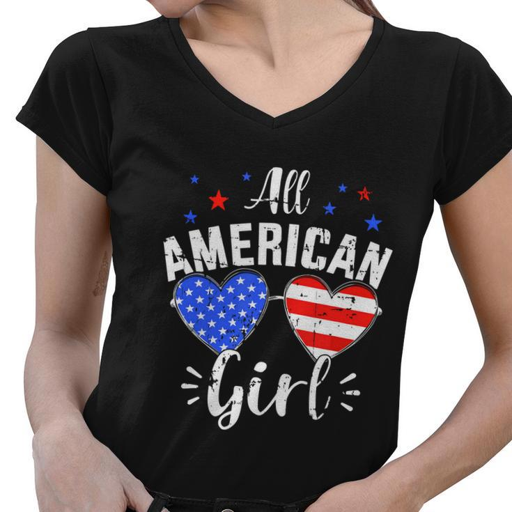 All American 4Th Of July Girl With Sunglasses And Us Flag Women V-Neck T-Shirt