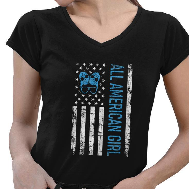 All American Girls 4Th Of July Shirt Daughter Messy Bun Usa Women V-Neck T-Shirt