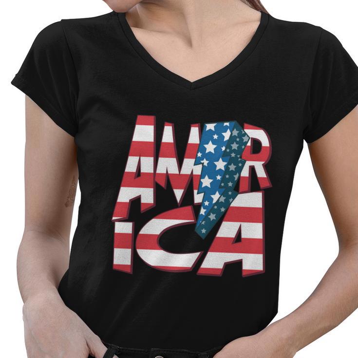 T-shirt Donna Scollo A V Con Bandiera Americana, Maniche Corte, Estiva, Patriottica 4 Luglio