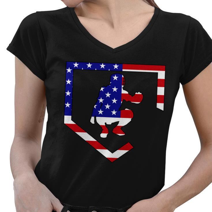 American Baseball Catcher Flag Tshirt Women V-Neck T-Shirt
