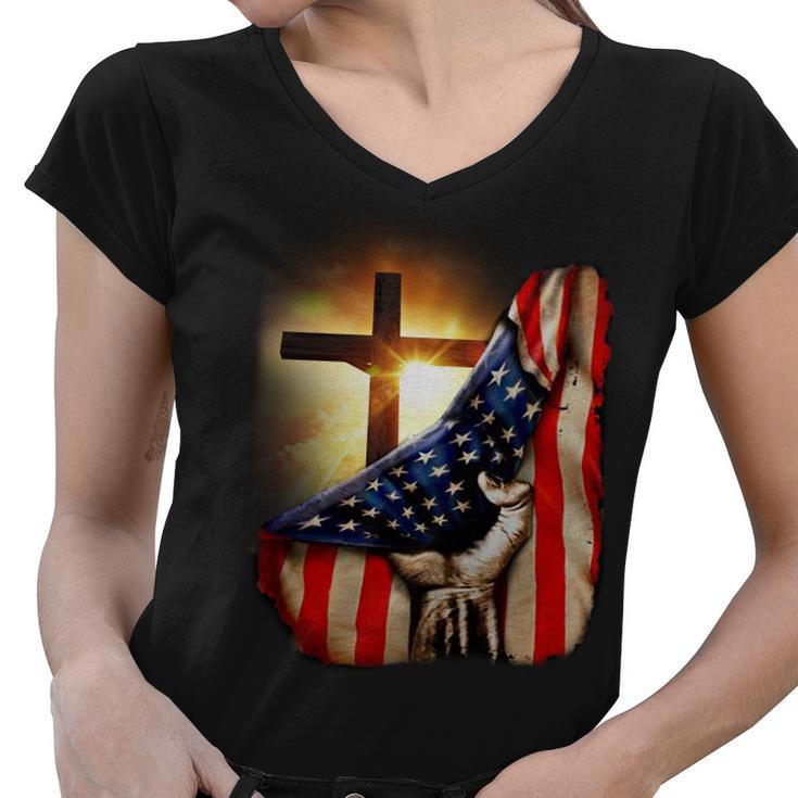 American Christian Cross Patriotic Flag Women V-Neck T-Shirt