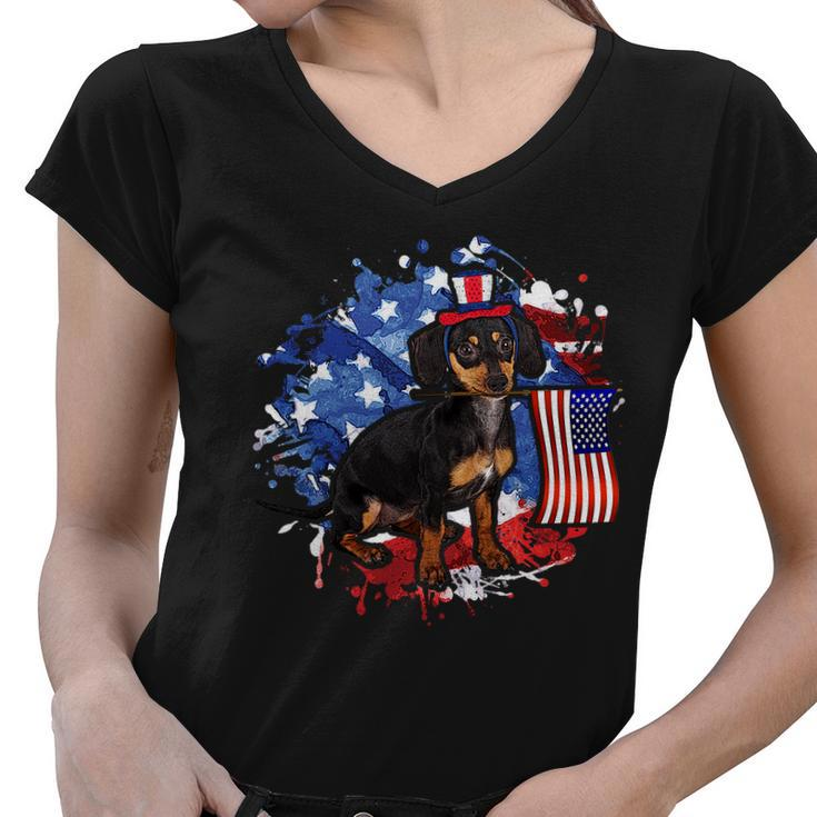 American Flag Dachshund Dog Cool Women V-Neck T-Shirt