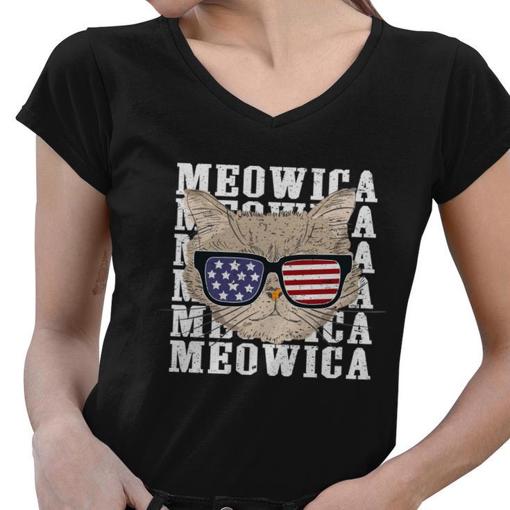 American Flag Glassess Meowica 4Th Of July Cat Women V-Neck T-Shirt