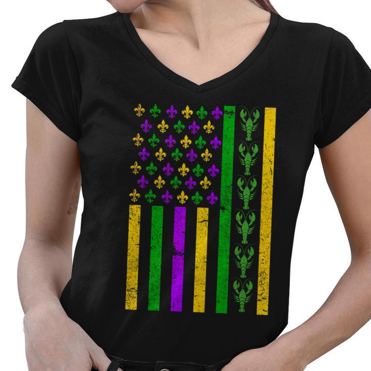 American Flag Mardi Gras Tshirt Mardi Gras Crawfish Women V-Neck T-Shirt