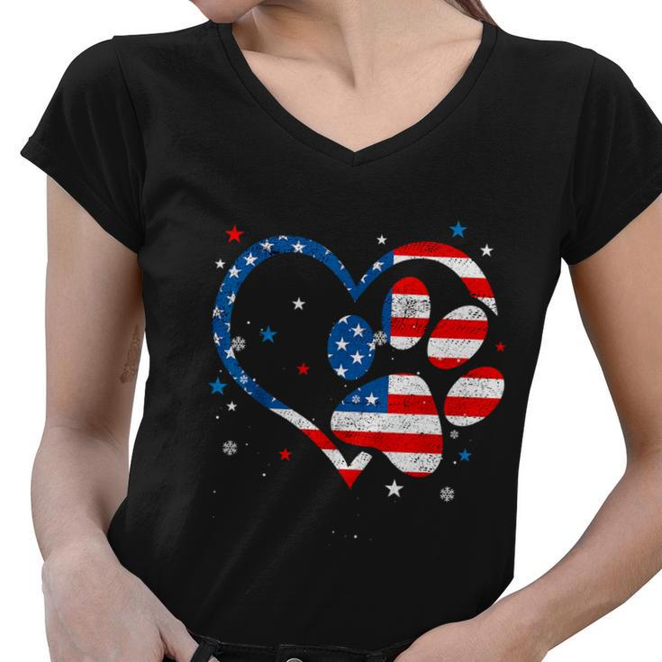 American Flag Patriotic Dog & Cat Paw Print 4Th Of July Women V-Neck T-Shirt