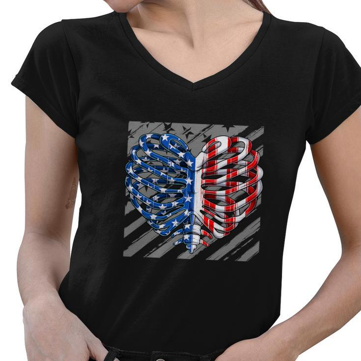 American Ribcage Heart Usa Flag Funny 4Th Of July Women V-Neck T-Shirt