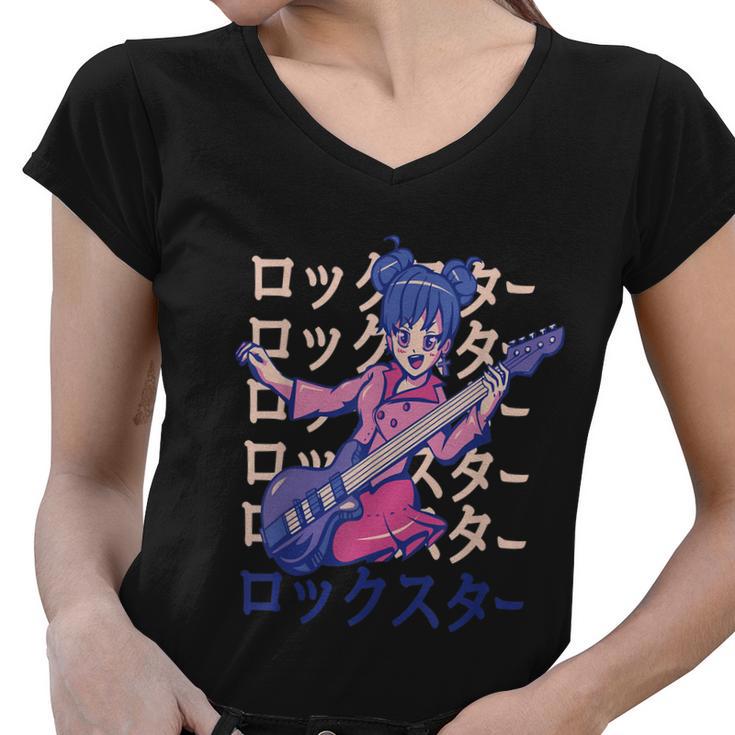 Anime Girl Bass Guitar Women V-Neck T-Shirt