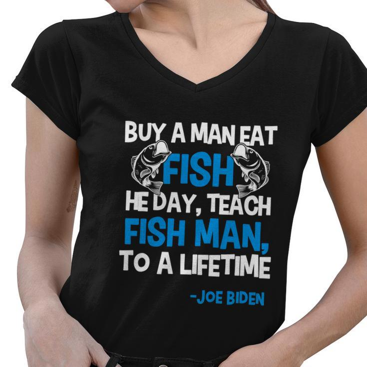 Anti Biden Political Impeach Biden Buy A Man Eat Fish Funny Women V-Neck T-Shirt