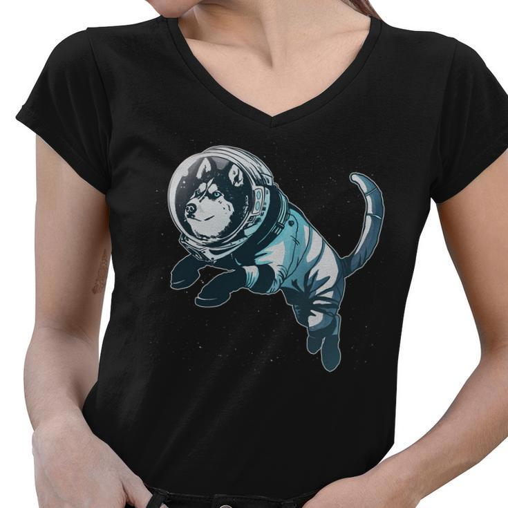 Astronaut Husky Dog Space Women V-Neck T-Shirt