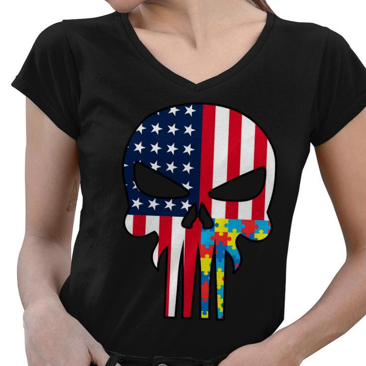 Autism Awareness American Skull Tshirt Women V-Neck T-Shirt