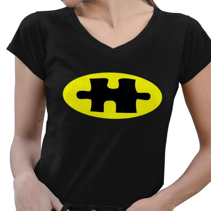 Autism Awareness Bat Puzzle Logo Tshirt Women V-Neck T-Shirt
