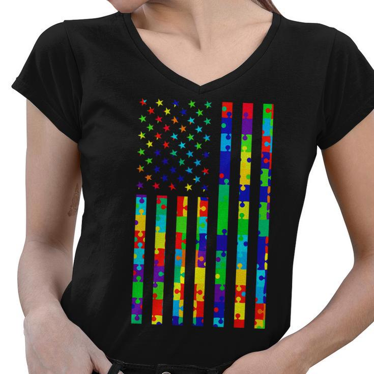 Autism Awareness Colorful Puzzle Flag Women V-Neck T-Shirt