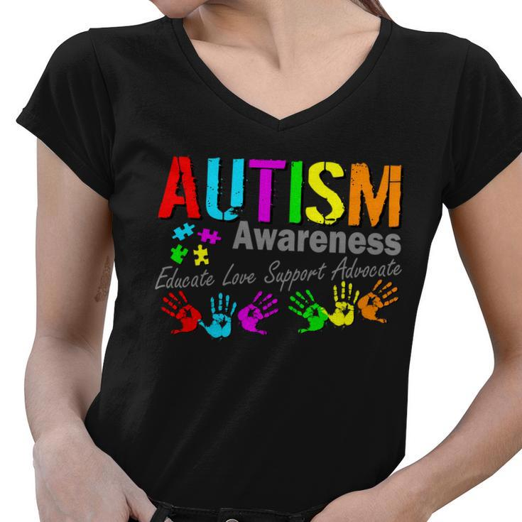 Autism Awareness Educate Love Support Advocate Women V-Neck T-Shirt