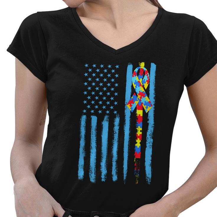 Autism Awareness Puzzle American Flag Tshirt Women V-Neck T-Shirt
