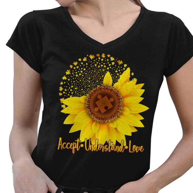 Autism Awareness Sunflower Puzzle Women V-Neck T-Shirt