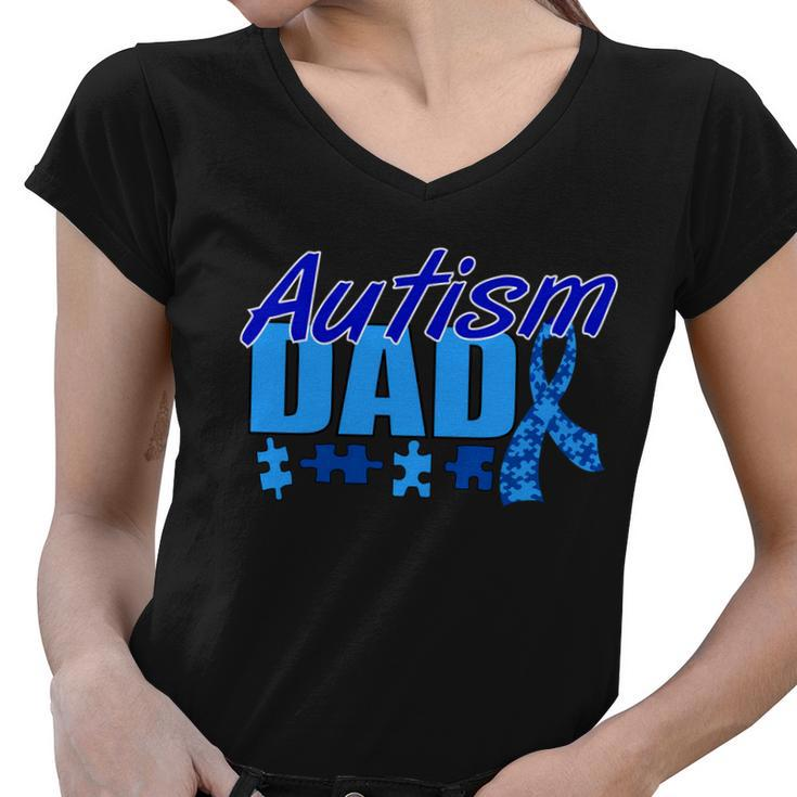 Autism Dad Awareness Ribbon Tshirt Women V-Neck T-Shirt